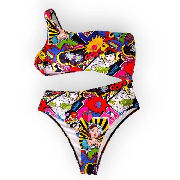 Womens Swimsuit Popart Sz XL Comic Print One Shoulder Connect 2 PC High Cut Swim - Picture 2 of 11